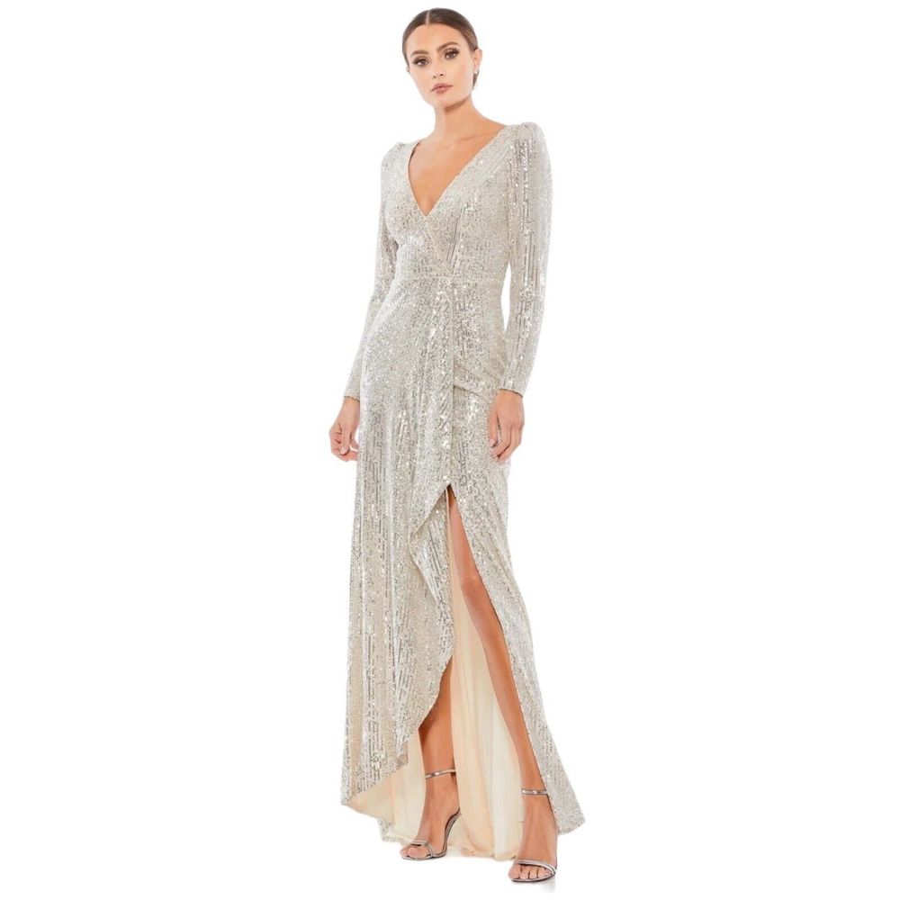 IEENA for MAC DUGGAL Sequin Wrap Long Sleeve Silt Evening Gown Nude Silver 8